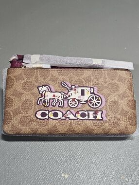Coach CX590 DBL ZIP WLT SIGNATURE Horse & Carriage Tan/Black Cherry NWT